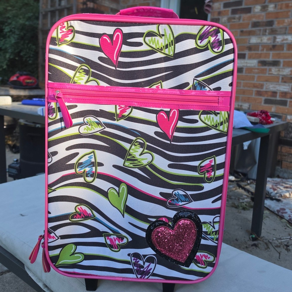 Zebra Print Rolling Suitcase Pink Neon Hearts Glitter Patch Travel Carry-On